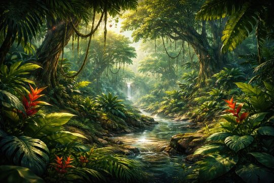 Vibrant jungle setting with dense tropical plants and smooth parallax effect in game interface