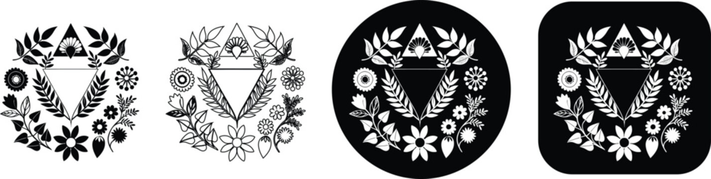 Intricate floral and geometric crest with triangle and surrounding botanical in set