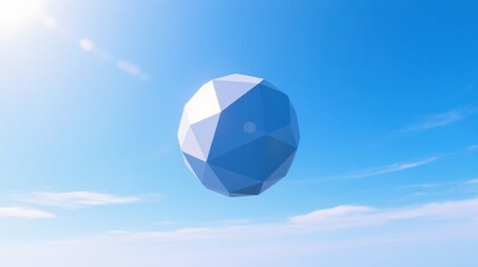 Fototapeta premium A vibrant geometric blue sphere floats against a clear bright sky, capturing the essence of modern design and tranquility in this artistic digital creation.