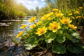 Obraz premium Yellow marsh marigold plants thriving under clear sunny sky illumination