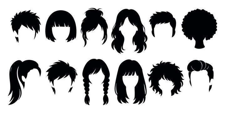 Various hair styles set for men and women, including short, long, curly, and braided hair for different looks