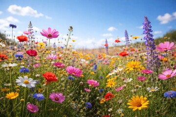 Fototapeta premium Field of multicolored wildflowers standing tall against a pristine blue sky