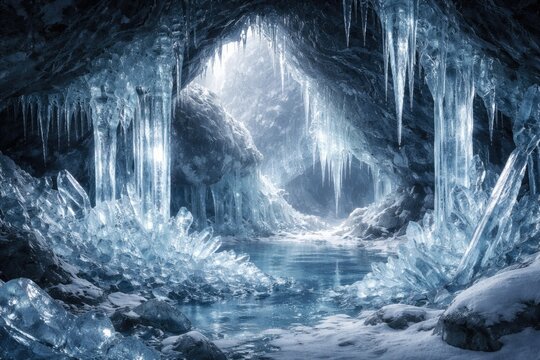 Crystal clear ice formations inside a wintery natural cave