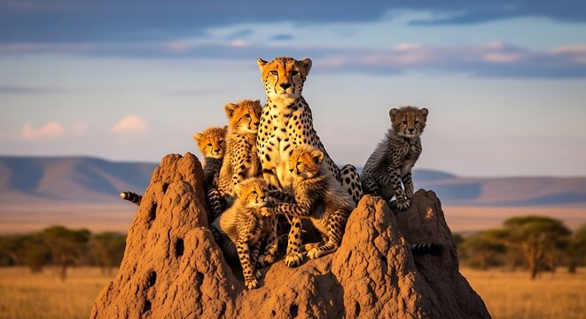 Alert Cheetah Mother and Cubs Resting on Termite Mound in Golden Savanna