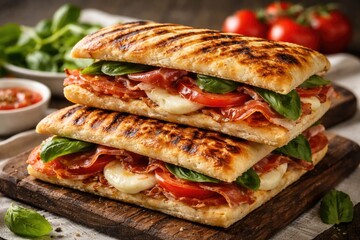 Obraz premium Flavorful Saltimbocco inspired paninis featuring fresh pizza dough