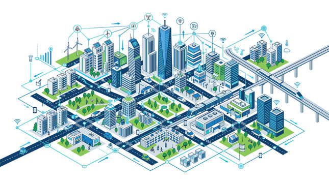 A modern isometric cityscape displays elevated rail transit lines and sprawling urban complexes linked by complex digital communication networks and IoT sensor connectivity icons.