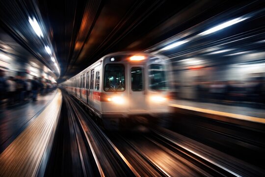 Expressive zoom blur capture of a train entering an underground transit hub
