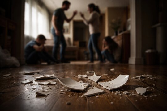 Pieces of a shattered dish strewn across the floor depicting broken family bonds and anger
