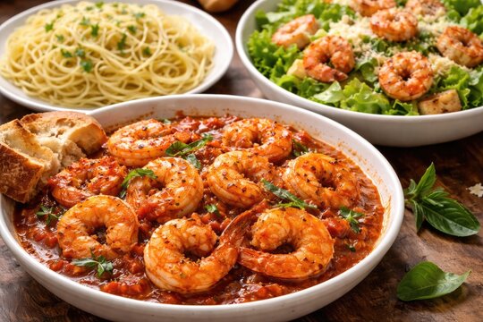 Saut&Atilde;&copy;ed shrimp dressed in tomato sauce with Caesar salad and a side of angel hair or spaghetti