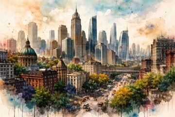Naklejka premium Mixed media cityscape featuring diverse architectural styles