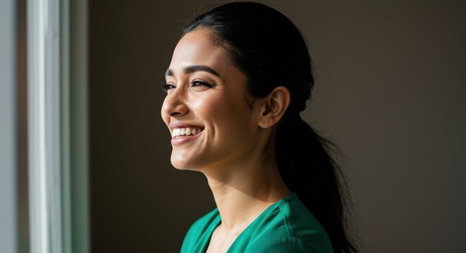 Young brunette woman smiling standing by the window in soft light. Positive emotions and well-being. Mental health concept. Diversity of appearances