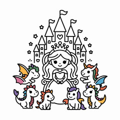 Fototapeta premium Princess with unicorns and castle unicorn cartoon illustration coloring book line art