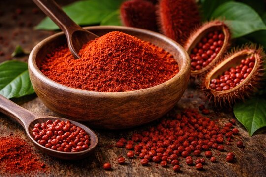 Red annatto spice powder ground from seeds of Bixa orellana plant