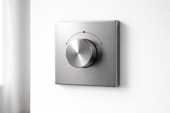 Sleek metal dimmer control attached to bright white interior wall