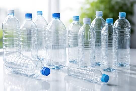 Plastic bottles free of contents displayed in bright lighting