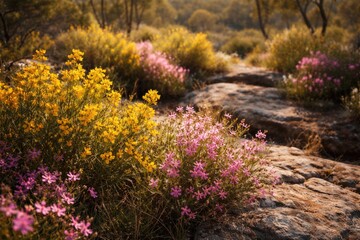 Fototapeta premium Yellow Dillwynia and pink Boronia wildflowers thriving on sunlit native sandstone heath