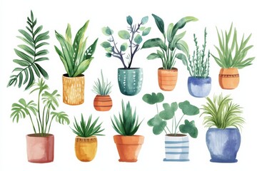 Fototapeta premium Plants in colorful pots arranged in a pattern on a white background with various types of greenery displayed together