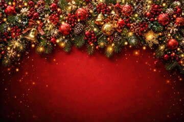 Naklejka premium Red holiday backdrop showcasing detailed Christmas garland ornaments
