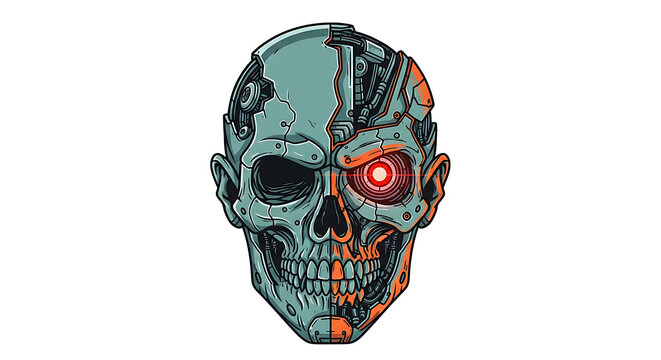 Intricate illustration of a bionic skull, half human bone and half mechanical, featuring a vibrant red illuminated eye, symbolizing the fusion of biology and advanced technology