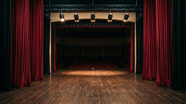 empty theater stage with red curtain and spolight performance and event concept made by AI generative
