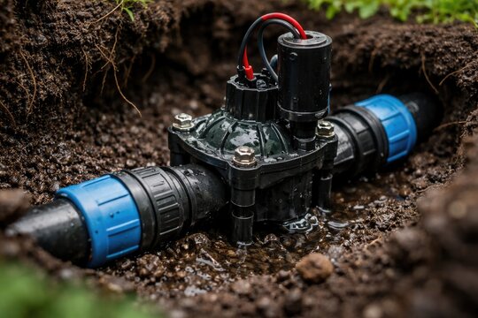 Macro shot of a solenoid valve based automated irrigation mechanism buried underground