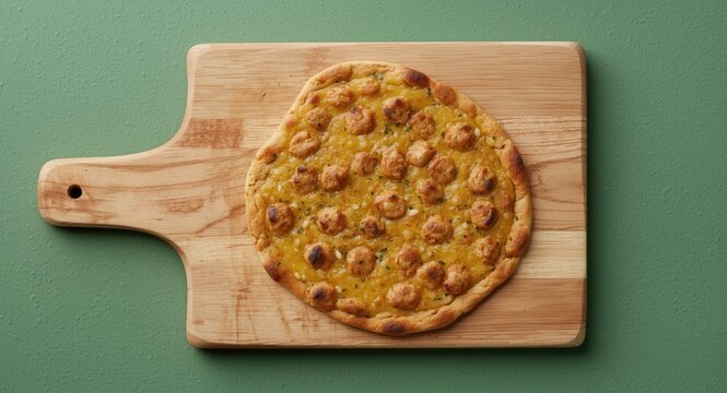 Top view of gluten free chickpea socca flatbread on wooden cutting board with green backdrop