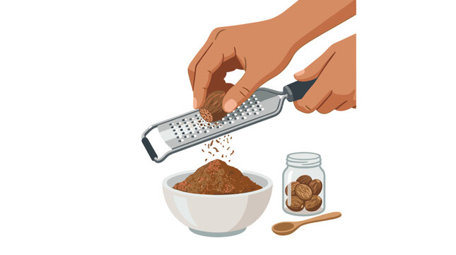 Human hands use a metal kitchen grater to finely process a whole nutmeg spice into a bowl on a plain white surface in a detailed vector illustration style.