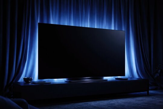 Blue draped backdrop illuminating an OLED TV with a dark screen at night