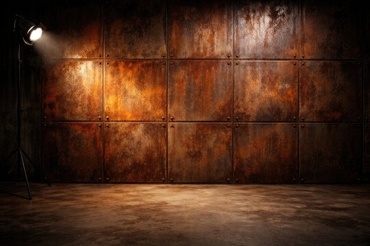 Rusty metal panel wall in an empty abstract room illuminated by studio light