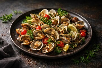 Fototapeta premium Gourmet plate of fresh clams and shellfish garnished with herbs and cherry tomatoes on a dark textured surface with copy space