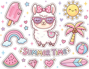 Fototapeta premium Cute Summer Time sticker collection featuring a kawaii llama, tropical elements, and fun beach vacation icons illustration