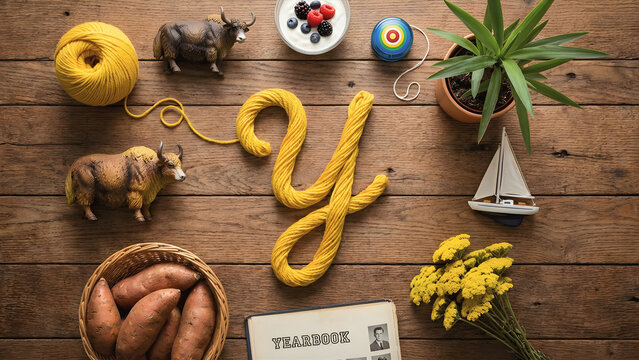 The Thai letter "Y" with illustrations, such as yogurt, yo-yo, cassava.