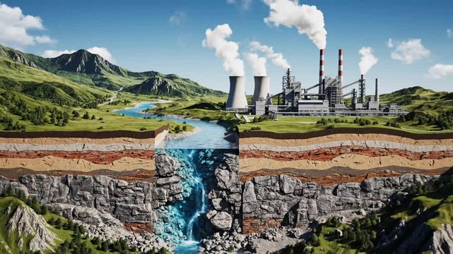 3D cross-section illustration of geological earth layers and soil horizons under a rural landscape featuring a river and an industrial power plant with cooling towers.