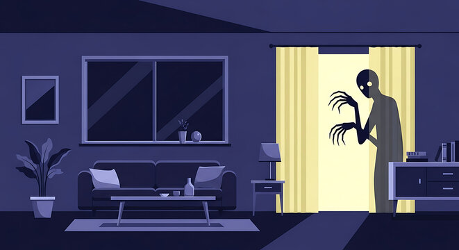 Silhouette of a terrifying monster figure lurking in the doorway of a dimly lit room, casting a spooky shadow