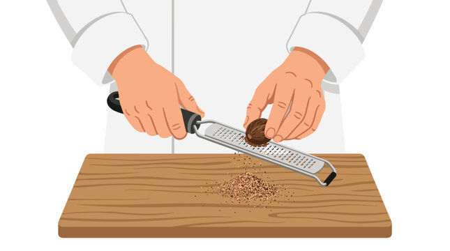 A professional chef in a white uniform uses a handheld grater to process nutmeg spice onto a wooden cutting board in a clean minimalist vector graphic design.