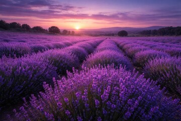 Fototapeta premium Twilight scene of endless lavender blossoms with fading sunlight