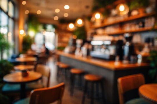 Out-of-focus scene of a relaxed caf interior with chairs and espresso device in a vibrant setting
