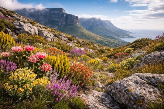 Rich variety of fynbos species growing on Table Mountain including copyspace