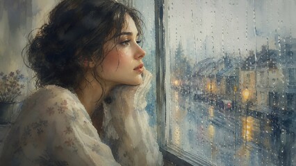 Fototapeta premium Woman looking through rainy window, melancholic mood and emotional reflection concept
