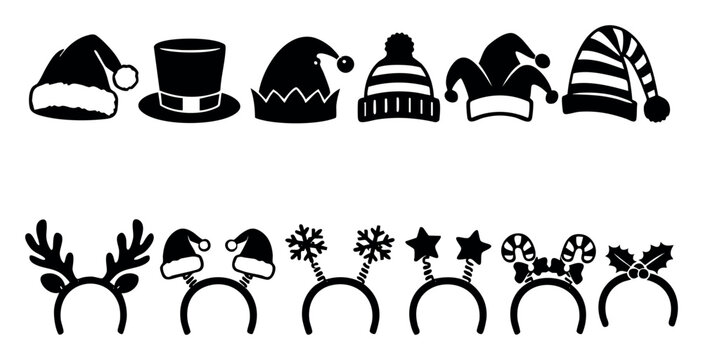 Collection of festive hats and headbands for Christmas, New Year, and winter celebrations, featuring Santa, elf, reindeer, and jester designs