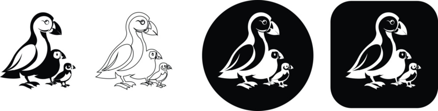 Puffin parent and chick in silhouette and formats bird parent and child