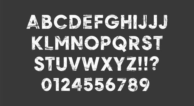 Flat vector illustration, distressed textured font, grunge alphabet design, rough typography style, vintage lettering artwork, scratched worn effect characters