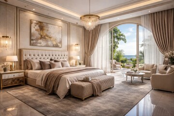 Fototapeta premium elegant bedroom design showcasing high end furniture in a villa setting