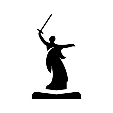 Motherland statue icon. Travel and war memorial filled symbol. Black and white.
