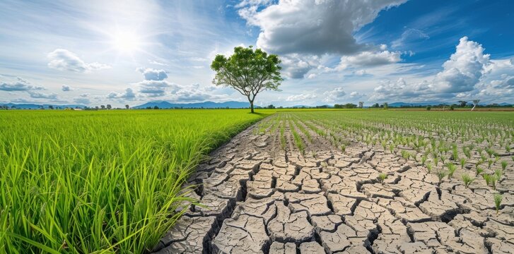 Dramatic Contrast: Fertile Green Crop Field Meets Parched Drought-Stricken Earth, Symbolizing Climate Change and Environmental Crisis
