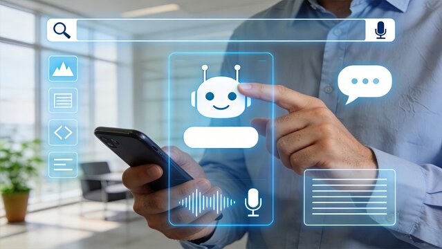 Man using smartphone with futuristic AI chatbot interface digital assistant voice search virtual reality technology holographic display business innovation modern communication