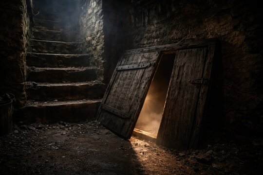 Wooden cellar door cracked open at the base of aged stone stairs in a sinister basement interior