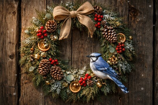 Seasonal Christmas wreath with organic accents and bluejay resting on weathered wooden background