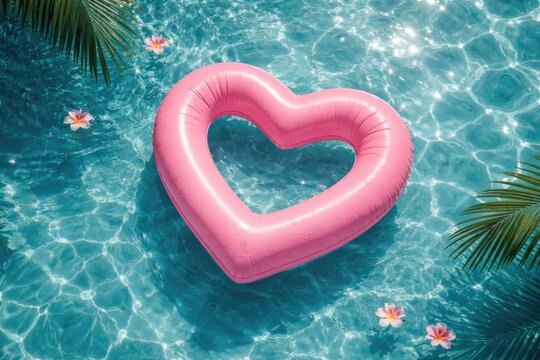 View from above of a rose colored heart buoy adrift in a pool setting