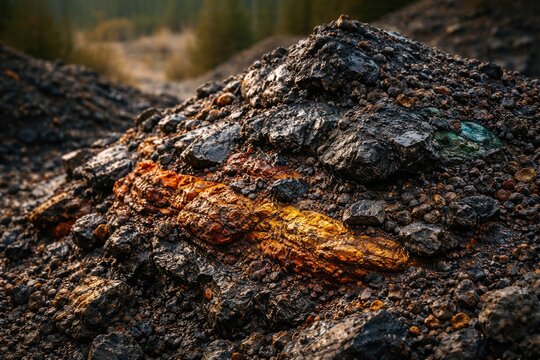 Textured close-up of iron ore slag pile displaying mineral layers in wilderness